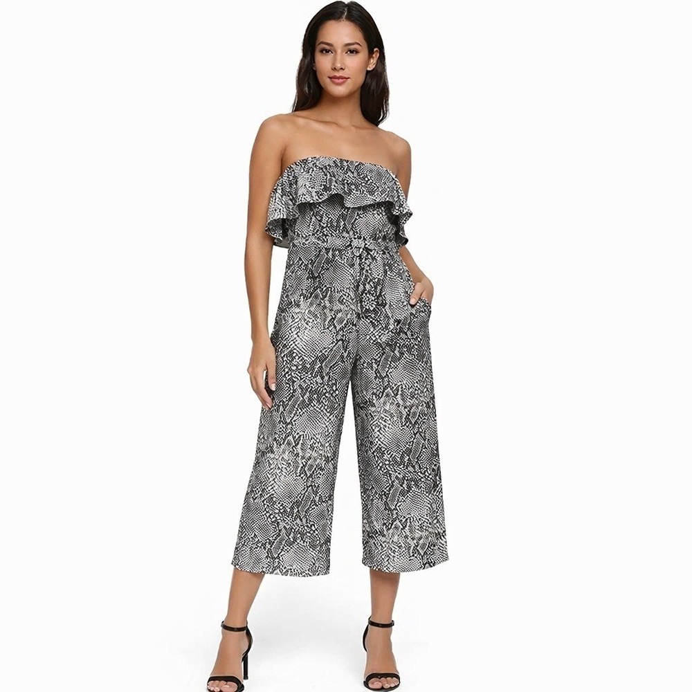 Aritiza Babaton Altamiro Jumpsuit Snake Print Strapless Ruffle Wide Leg Size 2